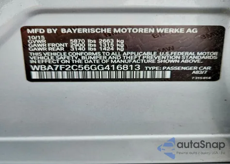 2016 BMW 750 Xi z USA, uszkodzony, nr VIN WBA7F2C56GG416813